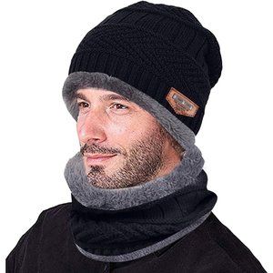Beanie Hat Scarf Set Warm Knit Hat Thick Fleece Lined Skull Cap for Men Women